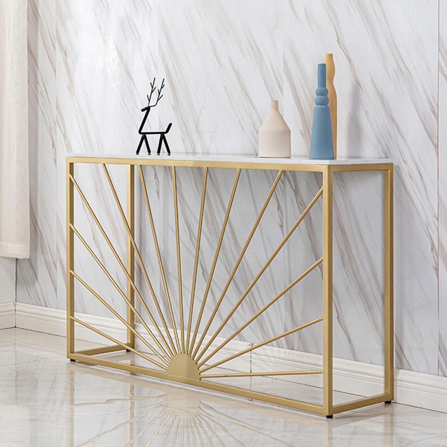 Sun Ray Pattern Designer White Marble Golden Console Table - Decor Smart