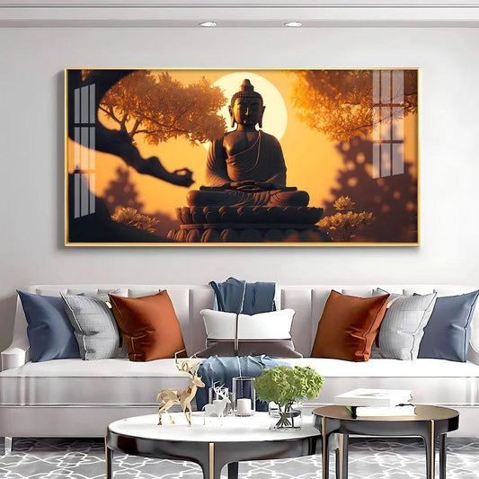 Sunset Fall Meditating Buddha Premium Acrylic Floating Wall Painting - Decor Smart