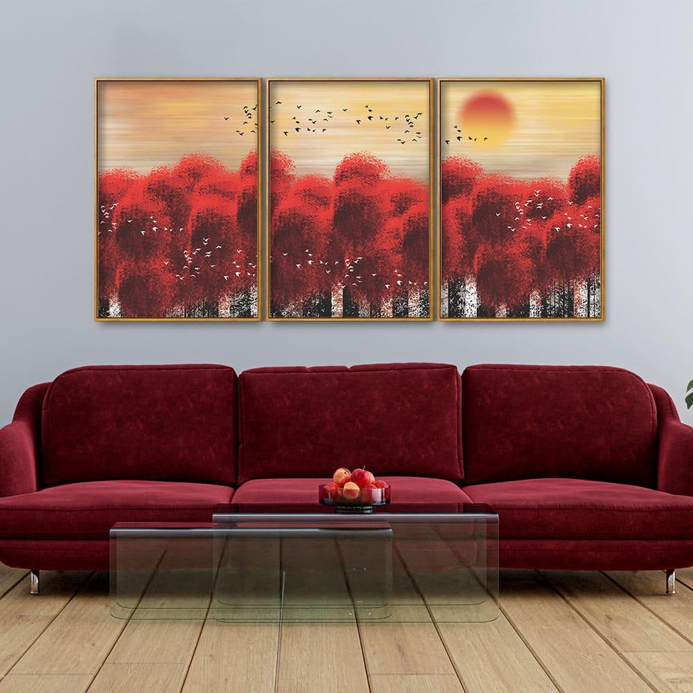 Sunset with Red Tree Premium Floating Canvas Wall Painting Set of Three - Decor Smart