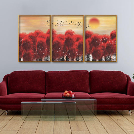 Sunset with Red Tree Premium Floating Canvas Wall Painting Set of Three - Decor Smart
