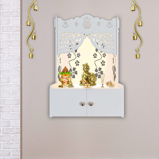 Swastika Kalash Symbol of Hindu Religious White Wooden Wall Temple for Home With Inbuilt focus Lights & Spacious Shelf - Decor Smart