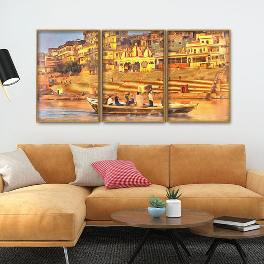 The Sacred Land Of Banaras Scenery Premium Floating Canvas Wall Painting Set of Three - Decor Smart