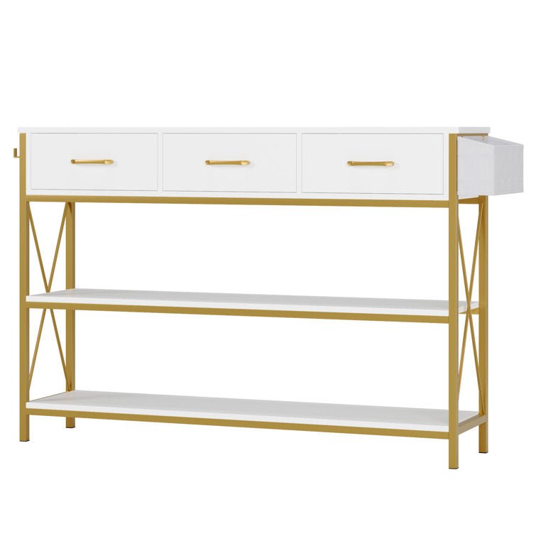 Three Drawer White Gold Engineered Wood Console Table - Decor Smart