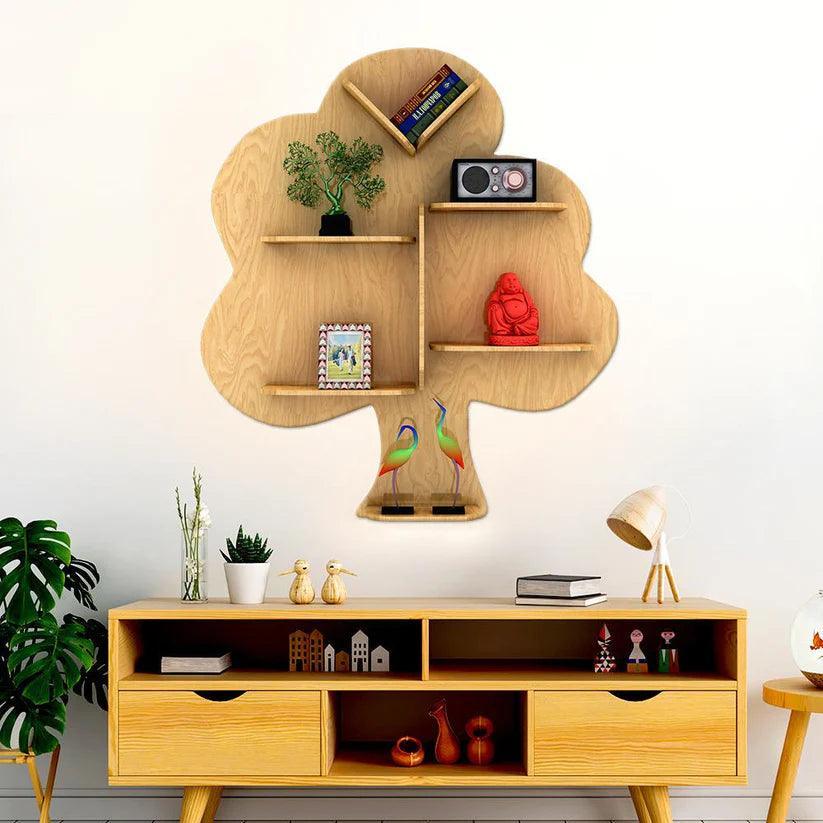 Tree Backlit Designer Wooden Wall Shelf / Book Shelf / Night Light, Light Oak Finish - Decor Smart