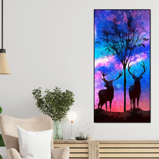 Two Deer in Forest at Night Premium Canvas Wall Painting - Decor Smart