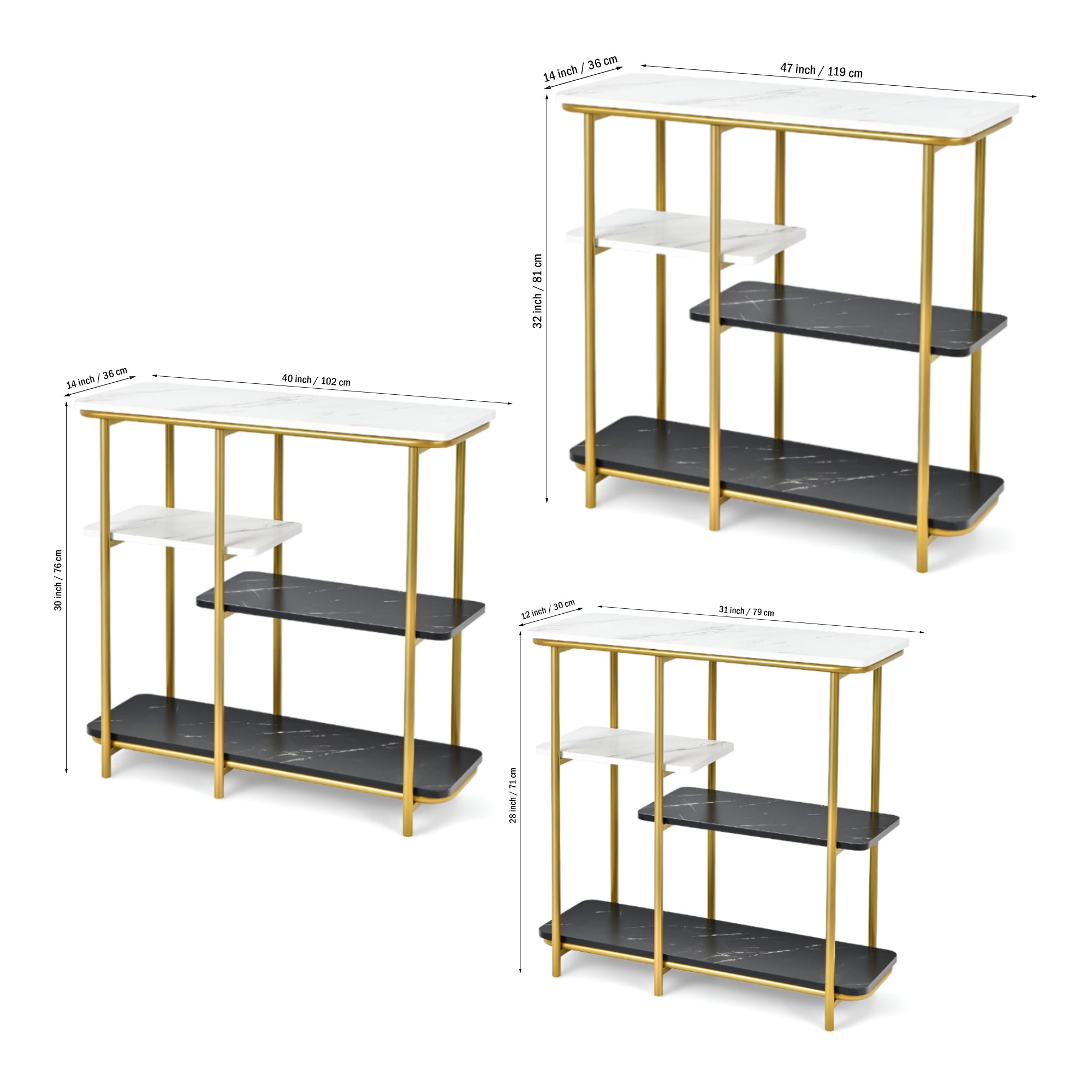 Two Different Colored Surfaces Four - Tier White & Black Marble Gold Console Table - Decor Smart