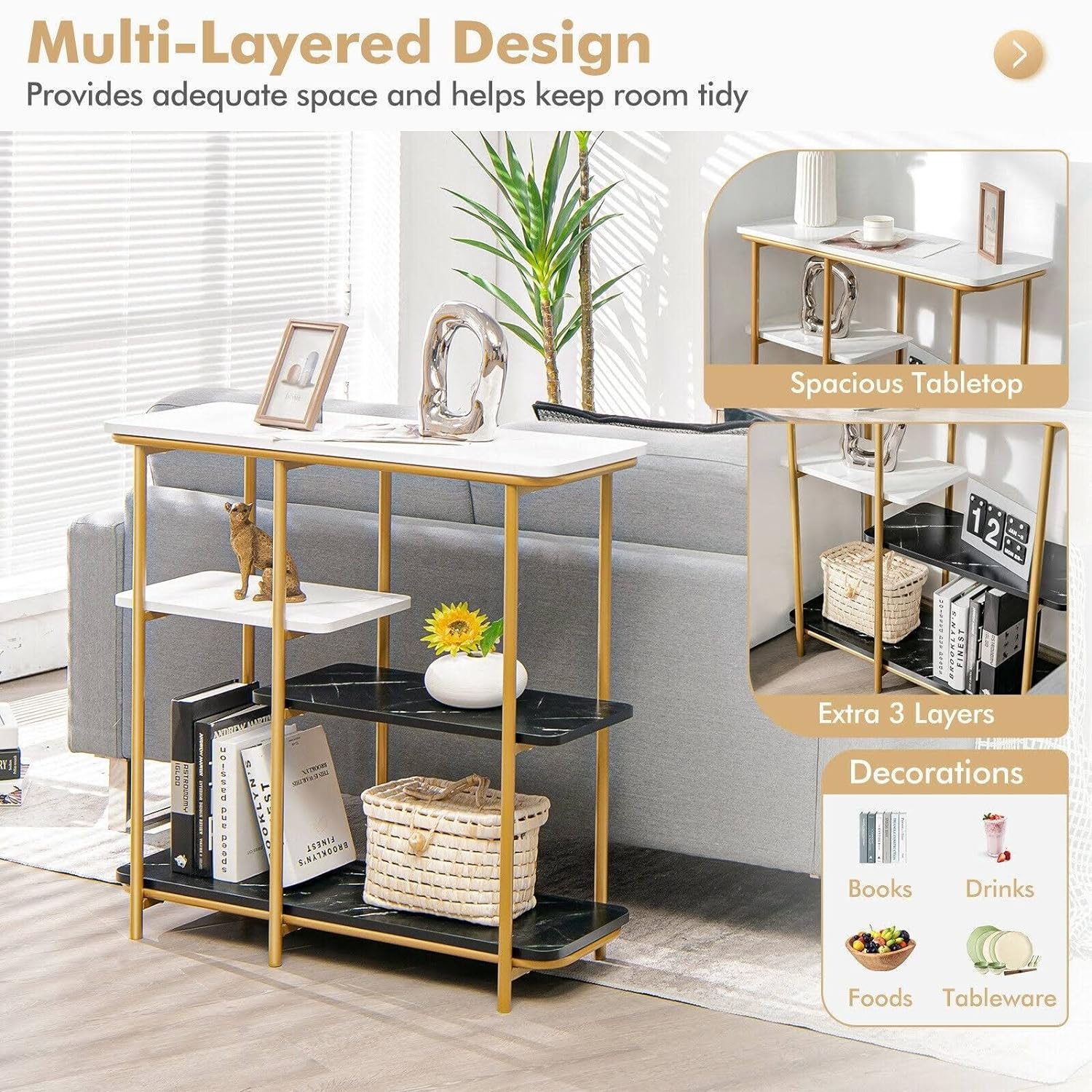 Two Different Colored Surfaces Four - Tier White & Black Marble Gold Console Table - Decor Smart