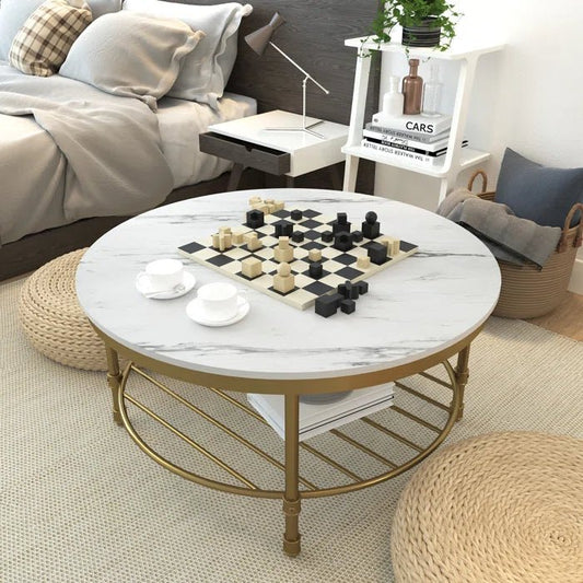 Two Tier Round Coffee Table with White Marble - Decor Smart