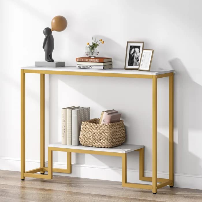 Two - Tier White Marble Gold Console Table - Decor Smart