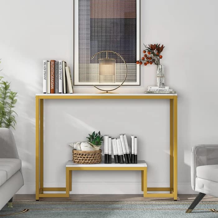 Two - Tier White Marble Gold Console Table - Decor Smart