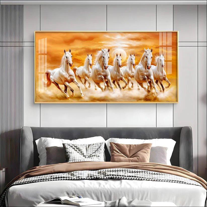 Vastu 7 Running White Horses Premium Acrylic Floating Wall Painting - Decor Smart