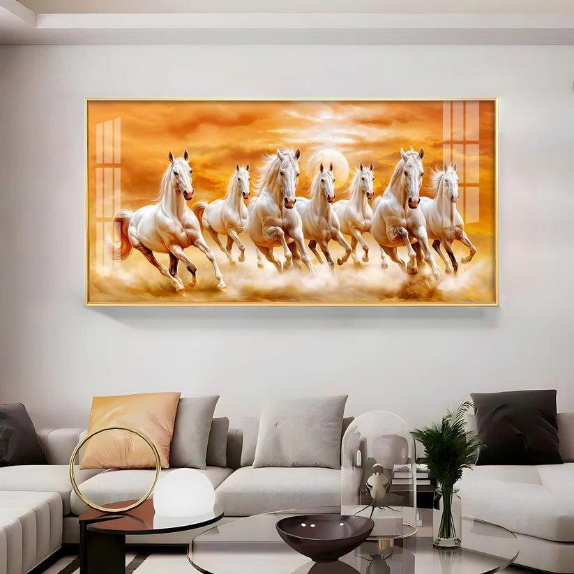 Vastu 7 Running White Horses Premium Acrylic Floating Wall Painting - Decor Smart