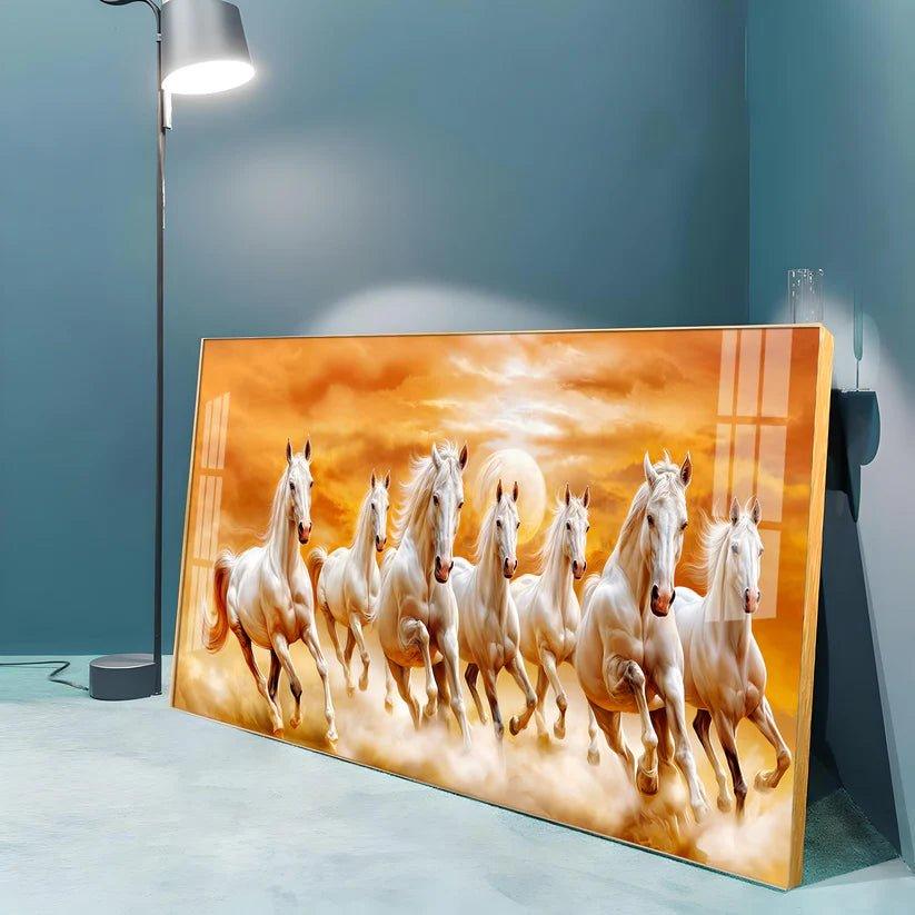 Vastu 7 Running White Horses Premium Acrylic Floating Wall Painting - Decor Smart