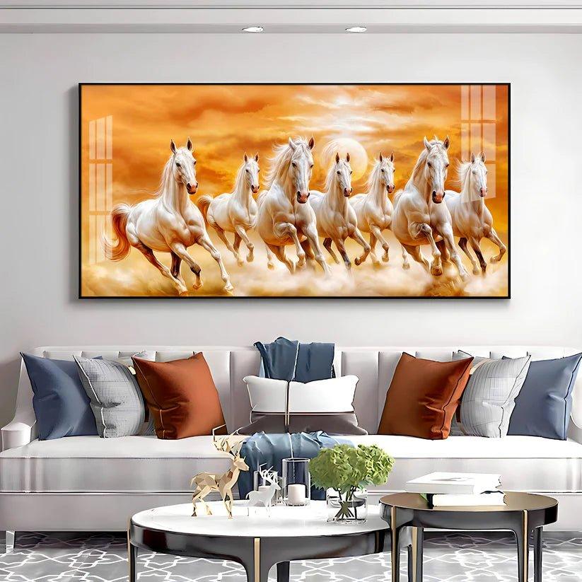 Vastu 7 Running White Horses Premium Acrylic Floating Wall Painting - Decor Smart