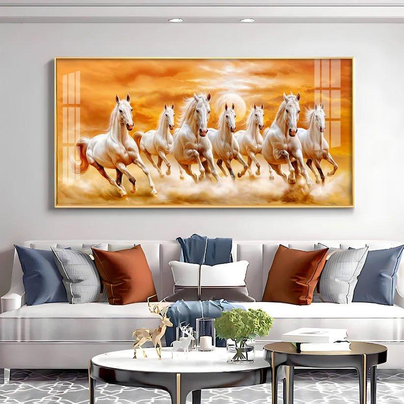 Vastu 7 Running White Horses Premium Acrylic Floating Wall Painting - Decor Smart