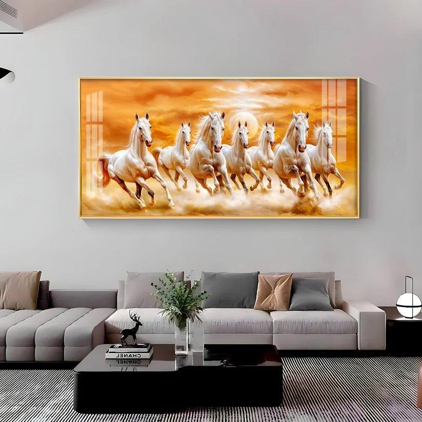 Vastu 7 Running White Horses Premium Acrylic Floating Wall Painting - Decor Smart