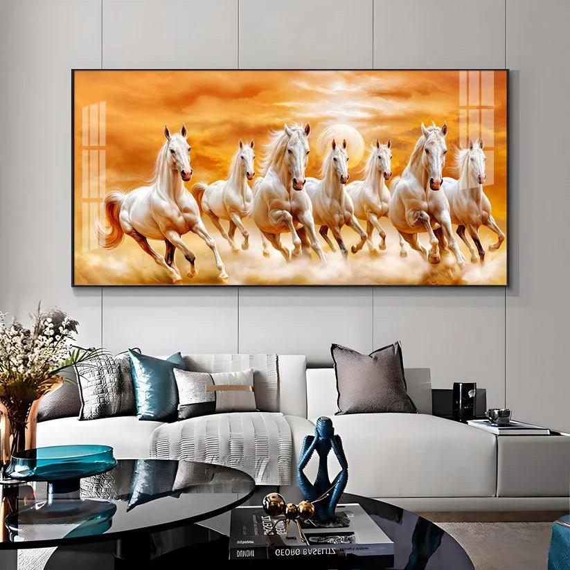 Vastu 7 Running White Horses Premium Acrylic Floating Wall Painting - Decor Smart