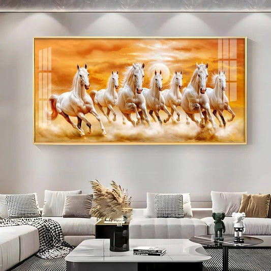 Vastu 7 Running White Horses Premium Acrylic Floating Wall Painting - Decor Smart