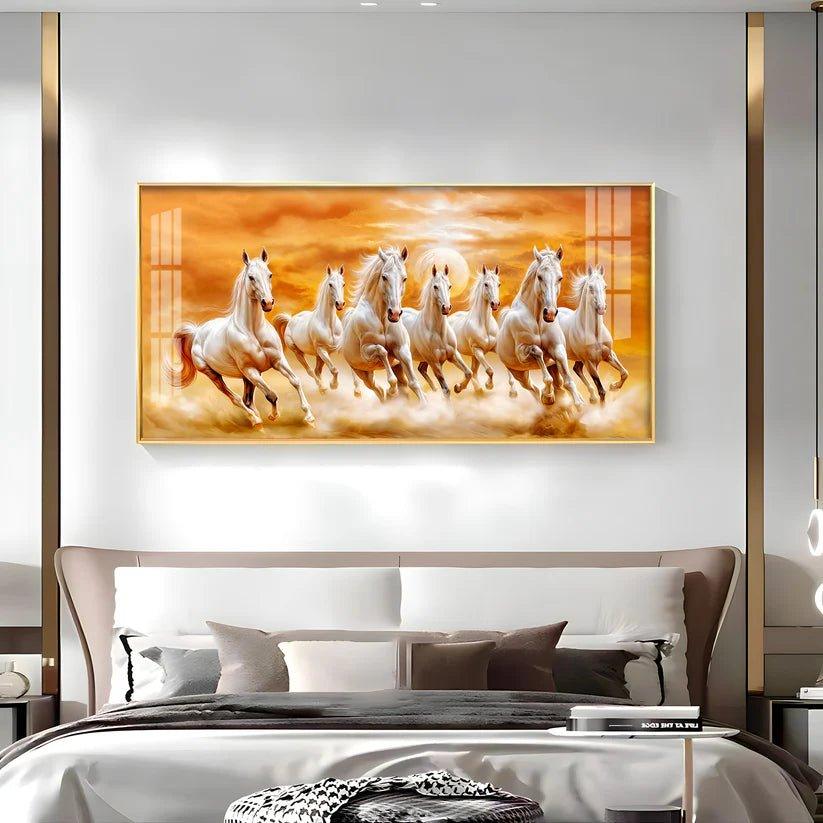 Vastu 7 Running White Horses Premium Acrylic Floating Wall Painting - Decor Smart
