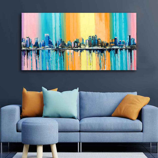 Wall Painting of A Fantasy Coastal city with a Rainbow Background - Decor Smart