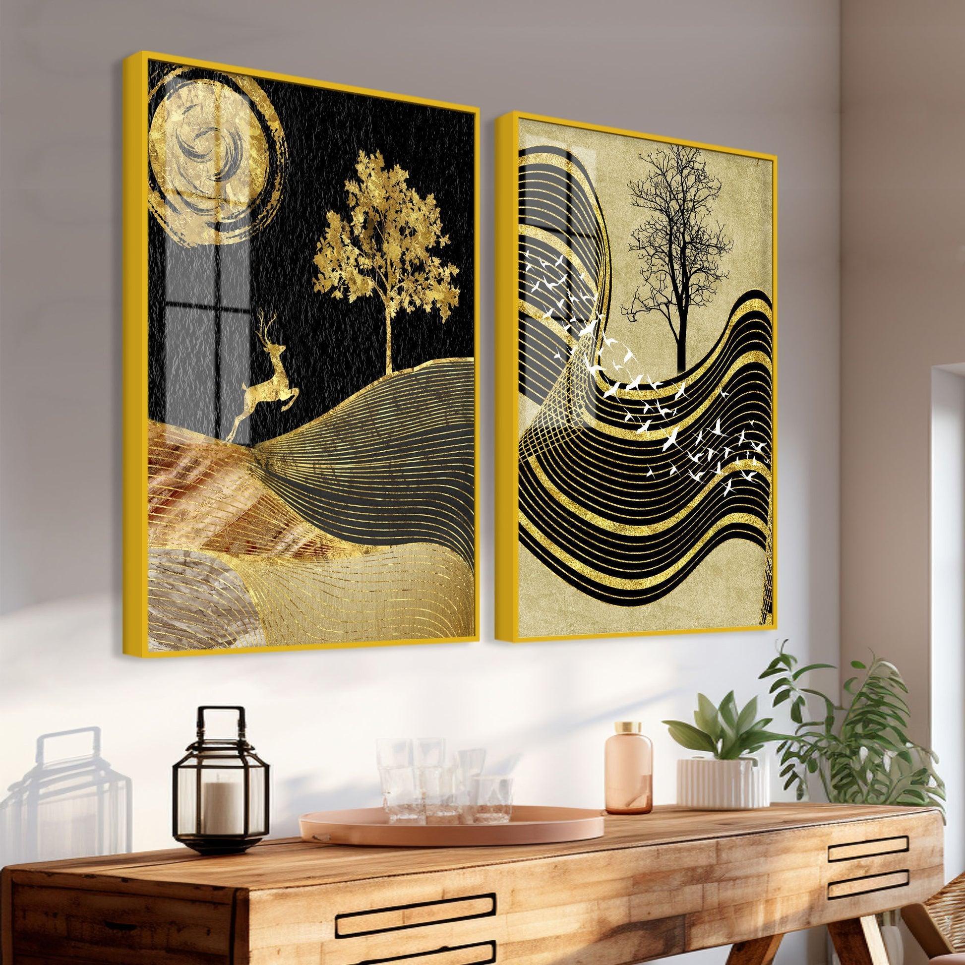Wavy Golden Lines Mountains Premium Acrylic Floating Wall Painting Set Of 2 - Decor Smart