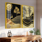Wavy Golden Lines Mountains Premium Acrylic Floating Wall Painting Set Of 2 - Decor Smart