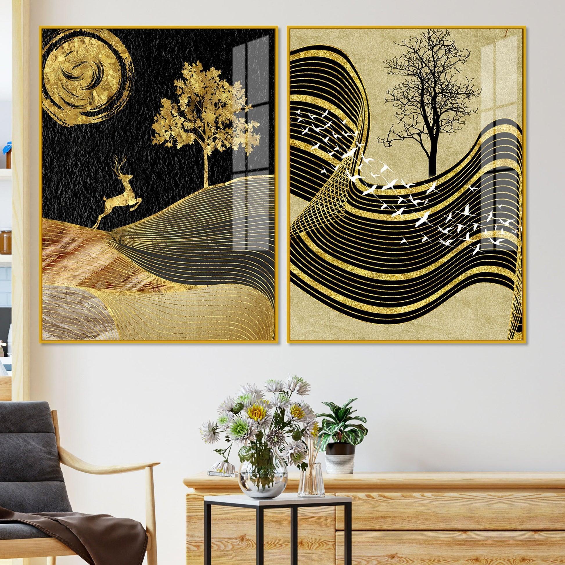 Wavy Golden Lines Mountains Premium Acrylic Floating Wall Painting Set Of 2 - Decor Smart