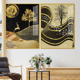 Wavy Golden Lines Mountains Premium Acrylic Floating Wall Painting Set Of 2 - Decor Smart