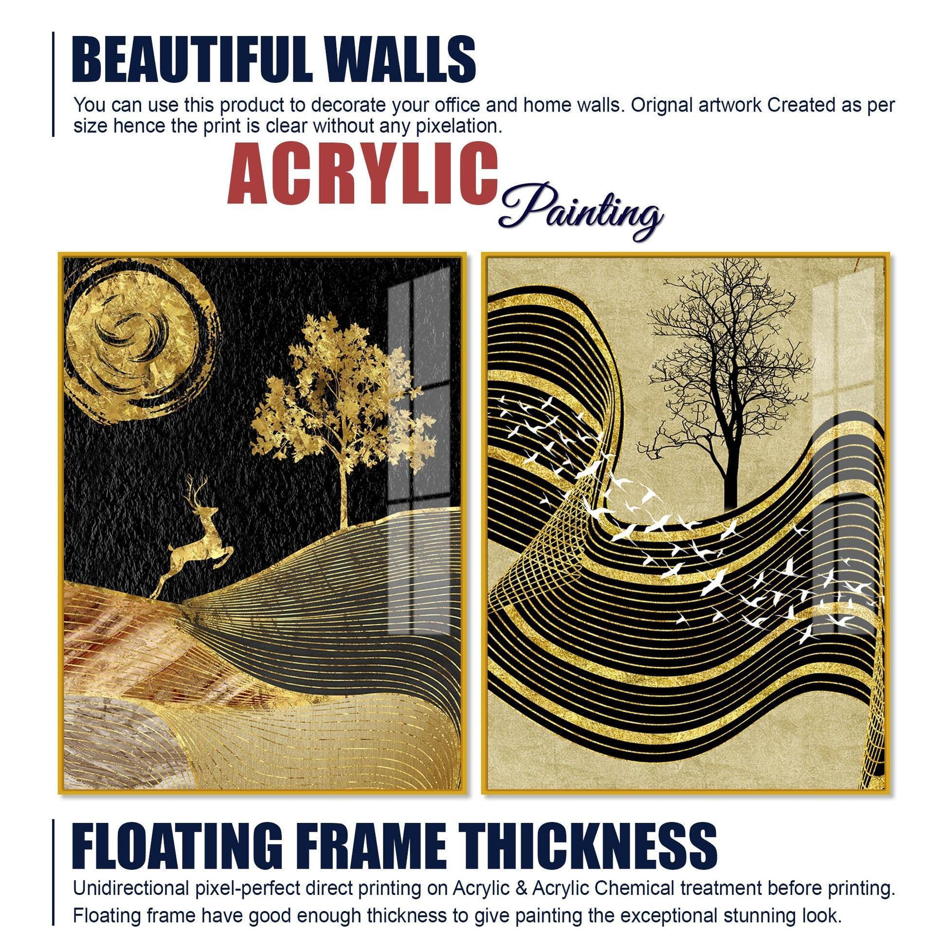 Wavy Golden Lines Mountains Premium Acrylic Floating Wall Painting Set Of 2 - Decor Smart