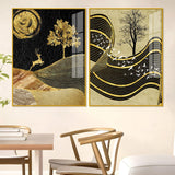 Wavy Golden Lines Mountains Premium Acrylic Floating Wall Painting Set Of 2 - Decor Smart