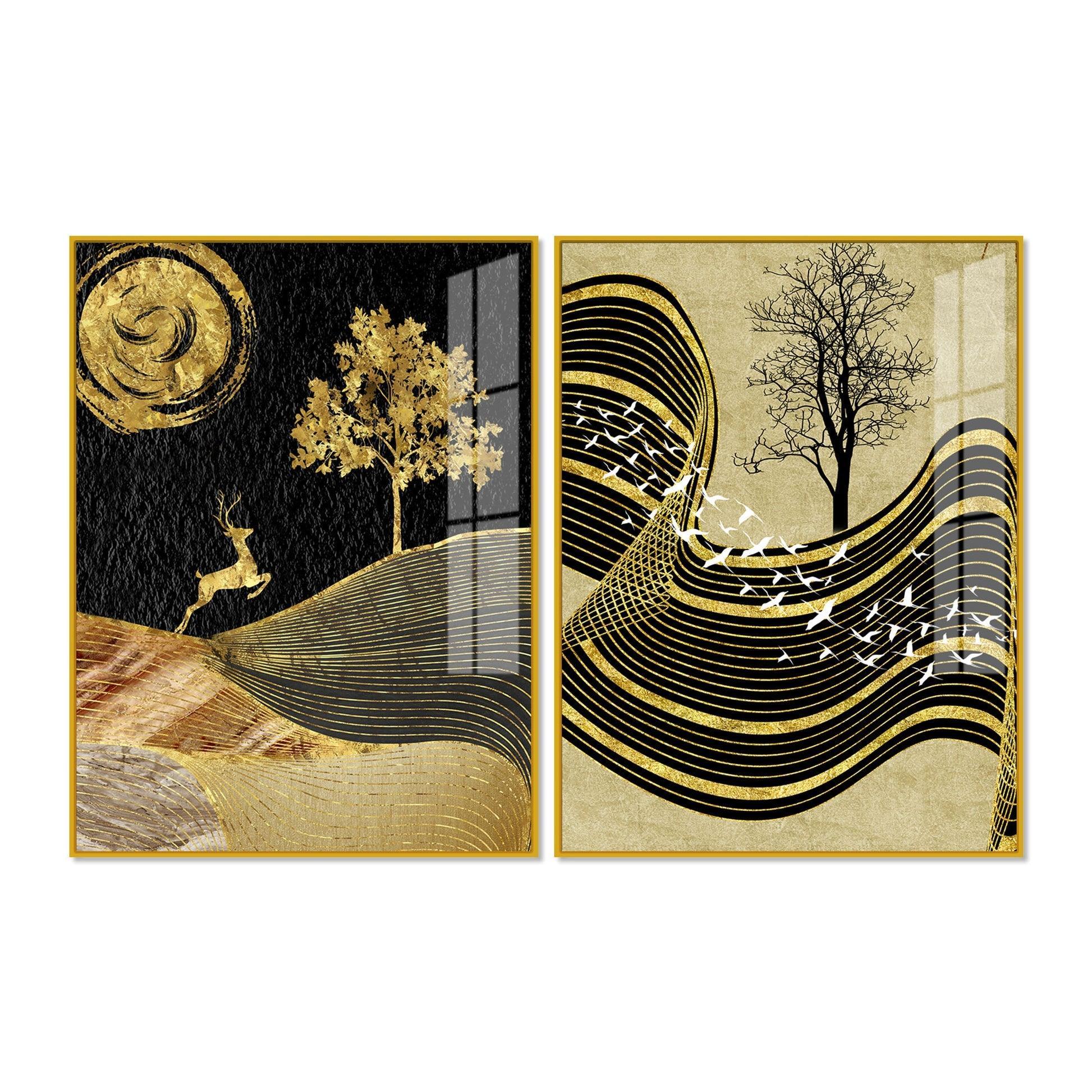 Wavy Golden Lines Mountains Premium Acrylic Floating Wall Painting Set Of 2 - Decor Smart