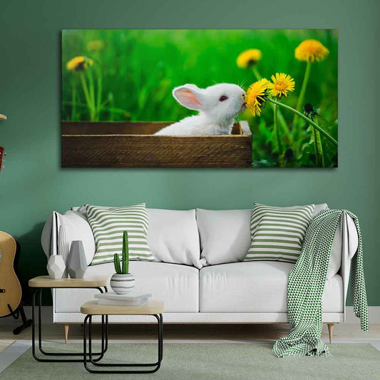White Bunny in Yellow Flowers – Garden Canvas Wall Painting - Decor Smart