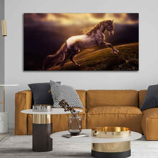 White Horse with Golden Hair Premium Canvas Panoramic Wall Hanging - Decor Smart