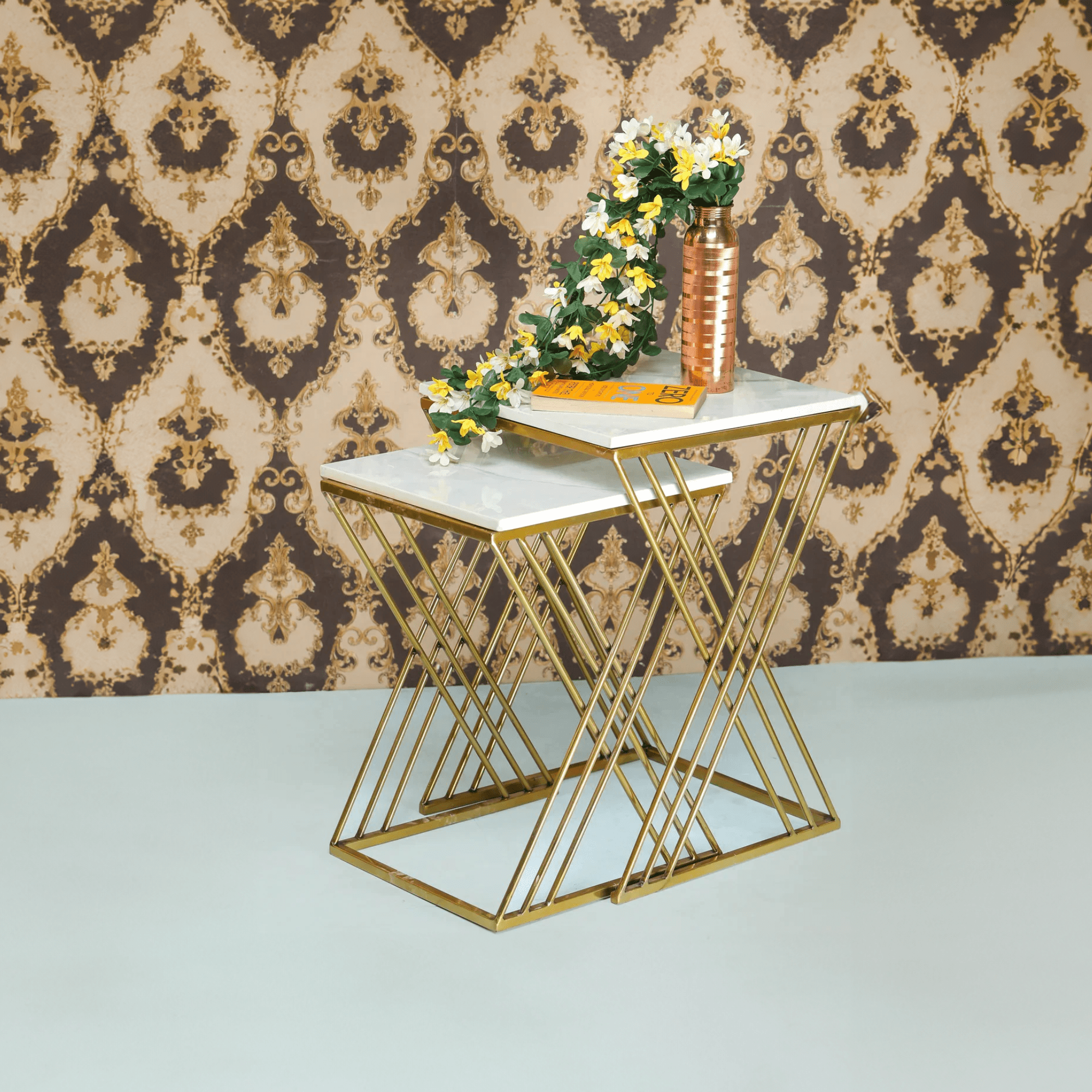 White Marble Golden Iron Stand Side Coffee Table Set of 2 - Decor Smart