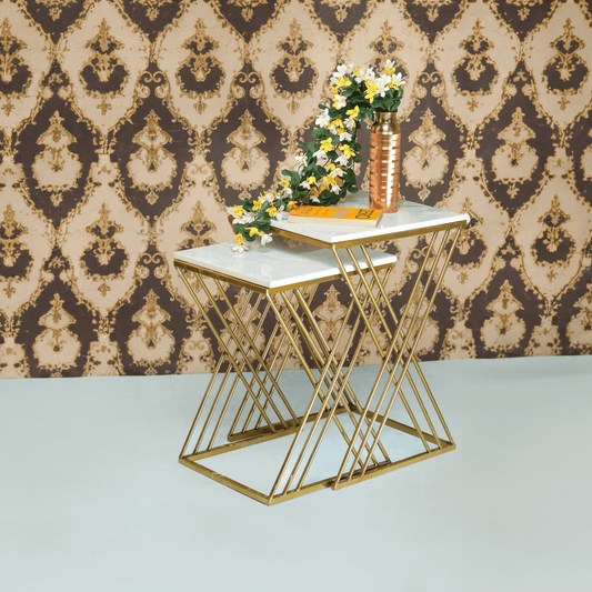 White Marble Golden Iron Stand Side Coffee Table Set of 2 - Decor Smart