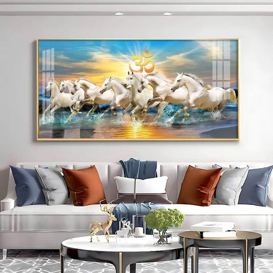 White Running Horses in Sea with Om Premium Acrylic Floating Wall Painting - Decor Smart