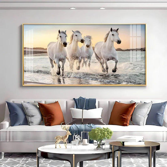 White Running Horses in The Sea Premium Acrylic Floating Wall Painting - Decor Smart