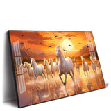 White Running Horses with Sunrise Premium Acrylic Floating Wall Painting - Decor Smart