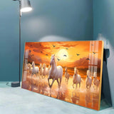 White Running Horses with Sunrise Premium Acrylic Floating Wall Painting - Decor Smart