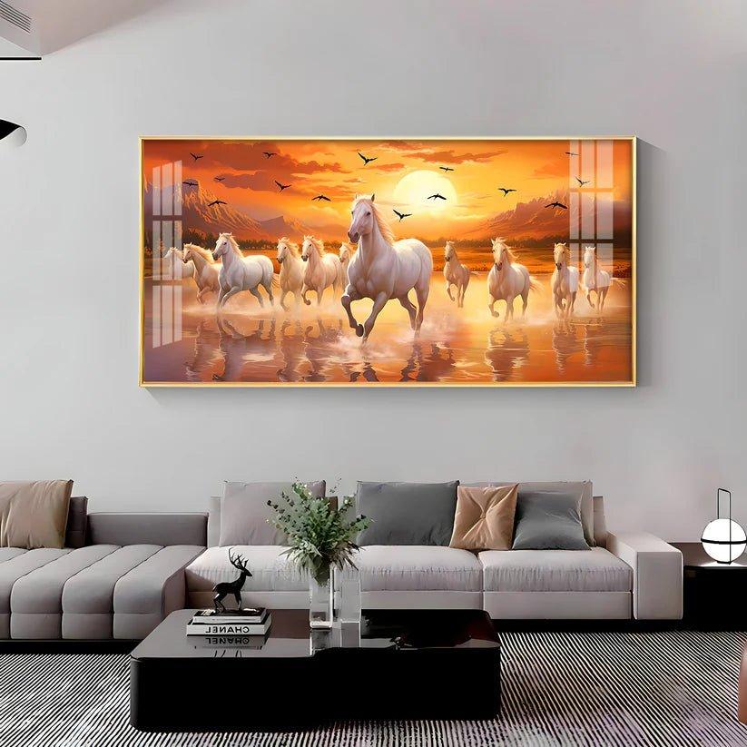 White Running Horses with Sunrise Premium Acrylic Floating Wall Painting - Decor Smart