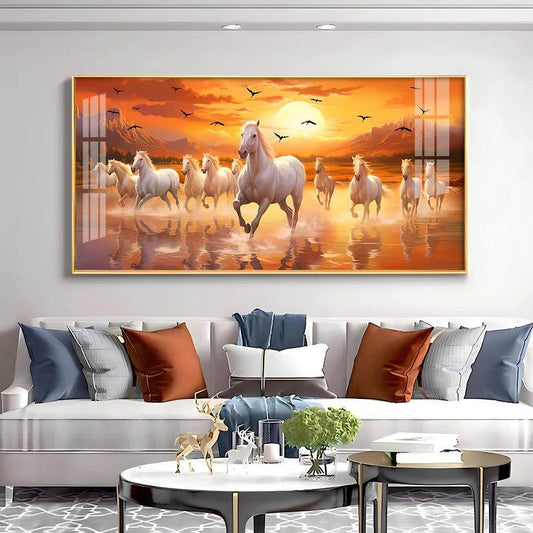 White Running Horses with Sunrise Premium Acrylic Floating Wall Painting - Decor Smart