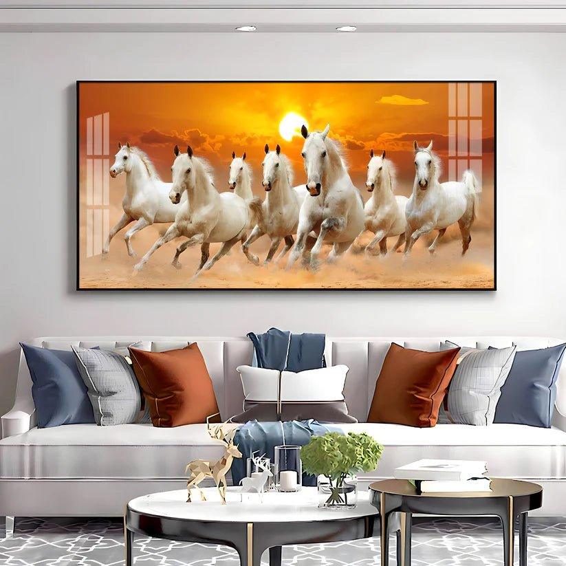 White Seven Running Horses Premium Acrylic Floating Wall Painting - Decor Smart
