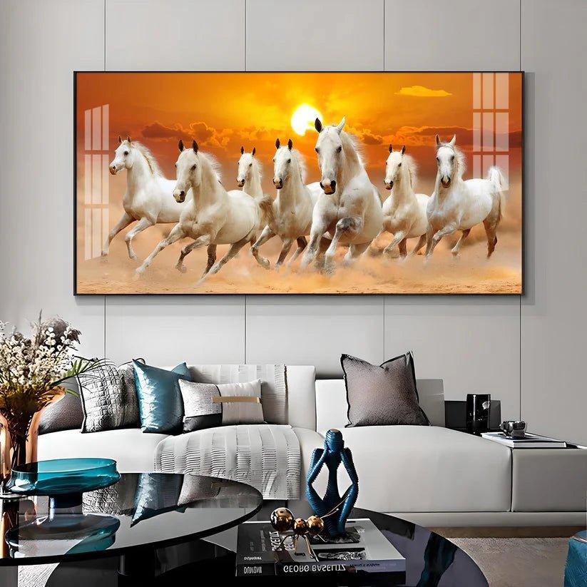 White Seven Running Horses Premium Acrylic Floating Wall Painting - Decor Smart