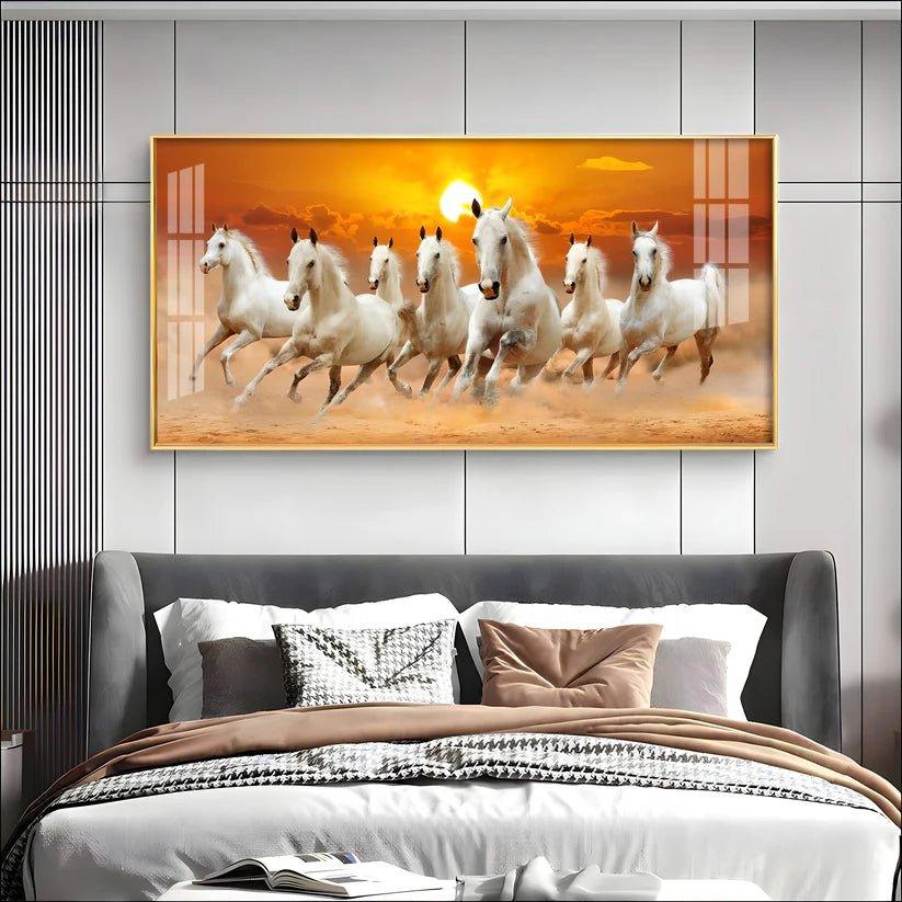 White Seven Running Horses Premium Acrylic Floating Wall Painting - Decor Smart