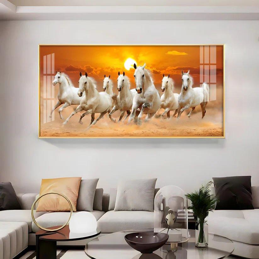 White Seven Running Horses Premium Acrylic Floating Wall Painting - Decor Smart