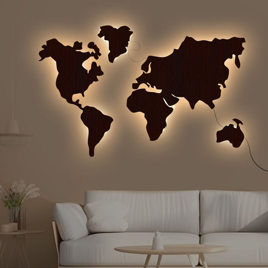World Map Backlit Wooden Wall Decor with LED Night Light Walnut Finish - Decor Smart