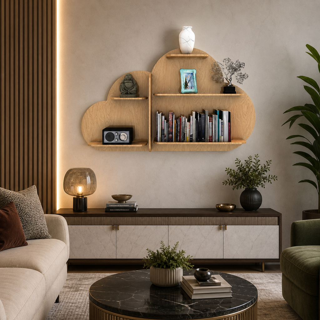 Cloud Shape Backlit Designer Wooden Wall Shelf / Book Shelf / Night Light, Light Oak Finish