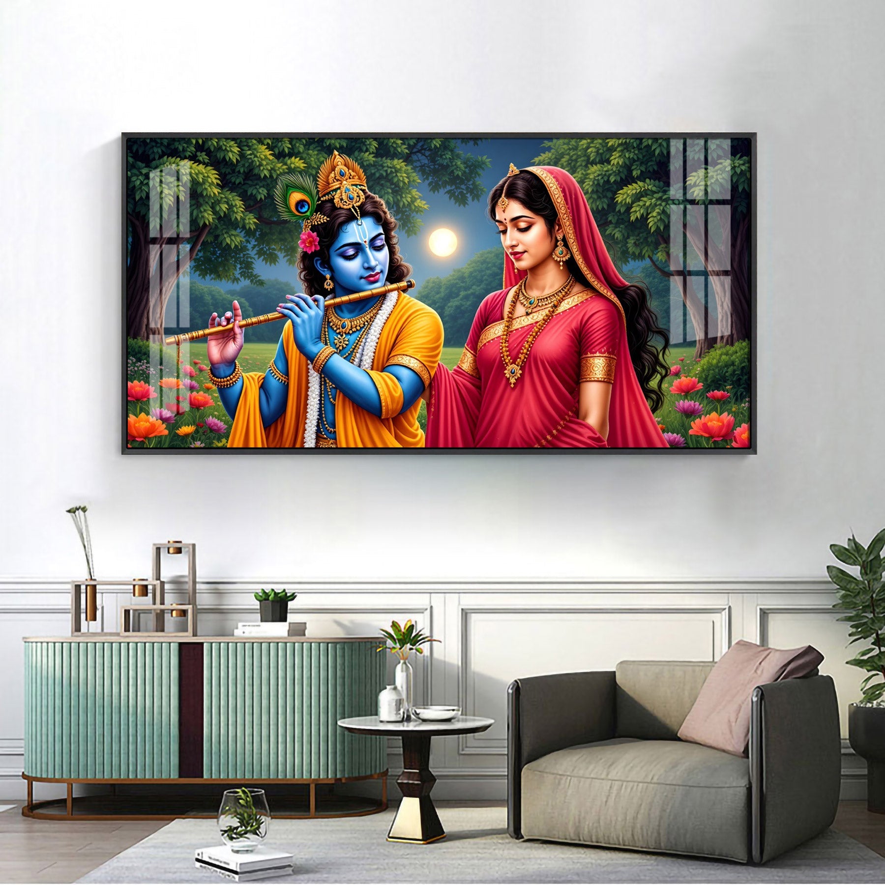 Krishna and Radha Mural Premium Acrylic Horizontal Wall Art