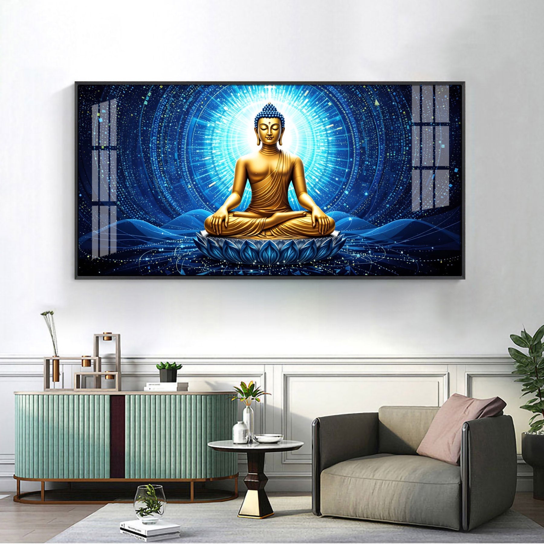 Buddha Bliss In Blue Aura Premium Acrylic Horizontal Wall Art