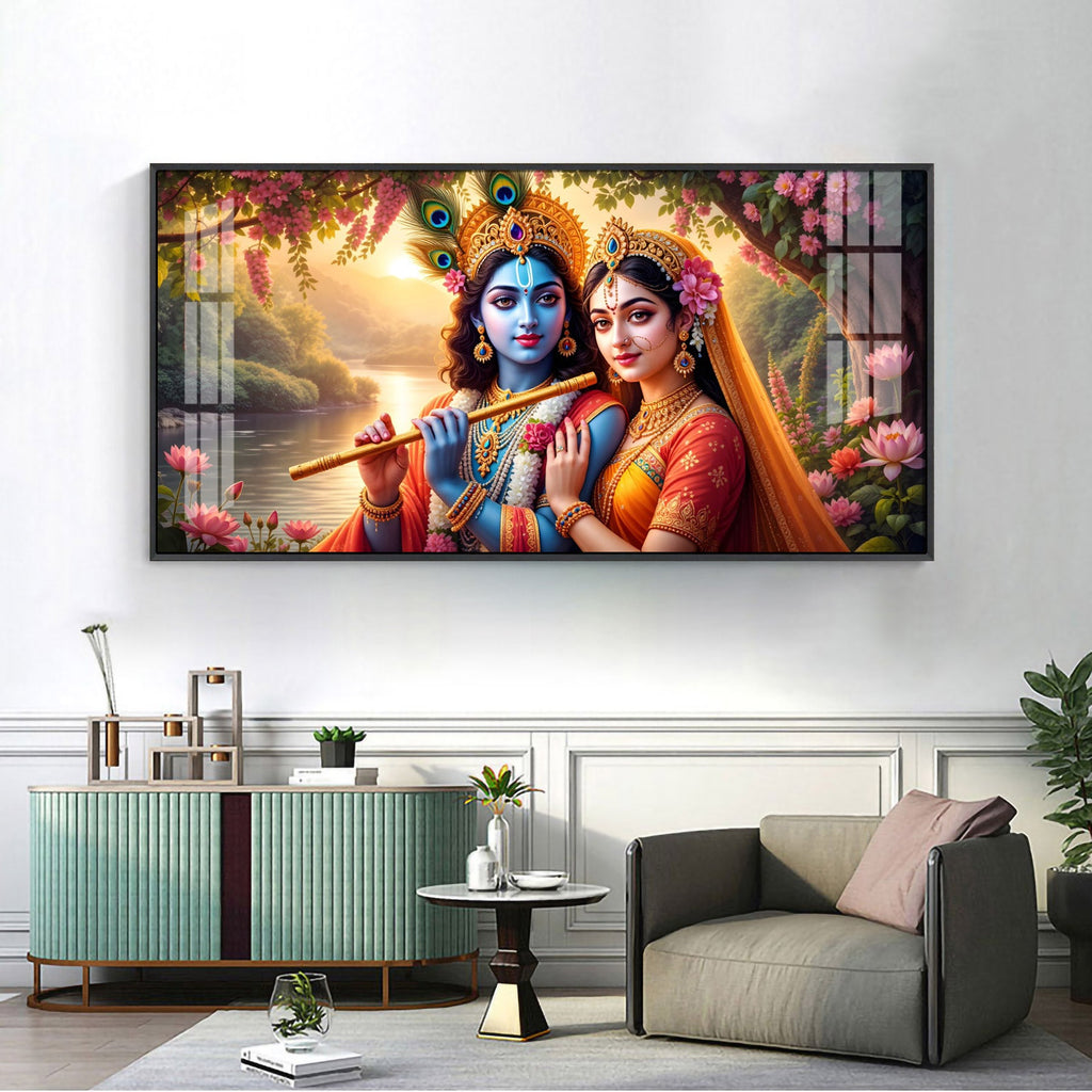 Radha With Krishna Playing Flute Premium Acrylic Horizontal Wall Art
